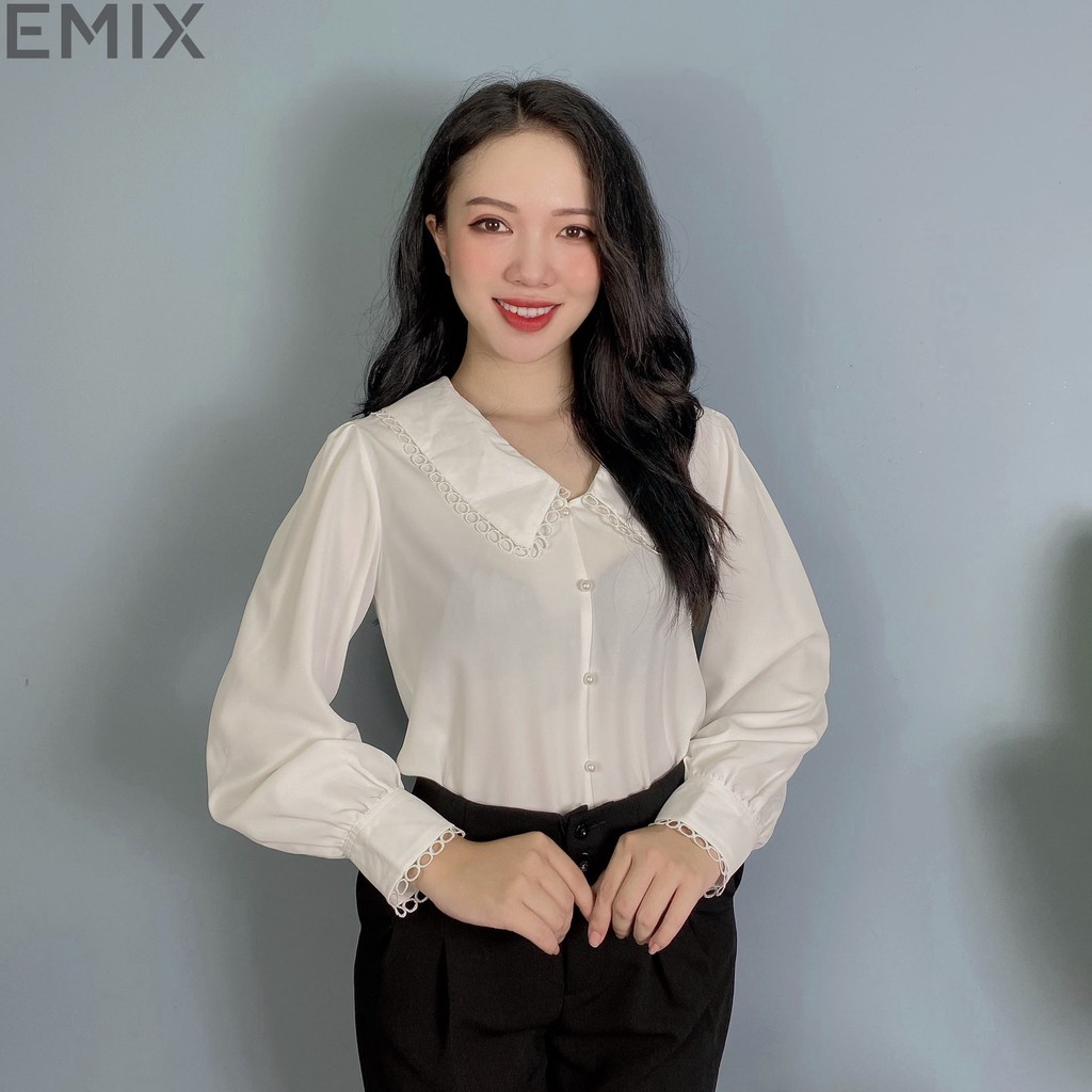 Áo sơ mi công sở phối ren EMIX (màu trắng), dáng dài, tay bồng, cổ ren, chất voan cát mềm mịn không nhăn
