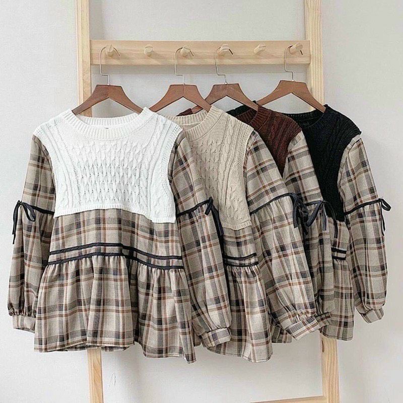 Áo babydoll caro phối len