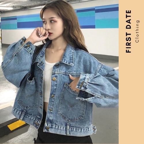 Áo khoác denim Áo khoác bò nữ FIRST DATE jean dáng rộng trẻ trung đường phố dài cá tính