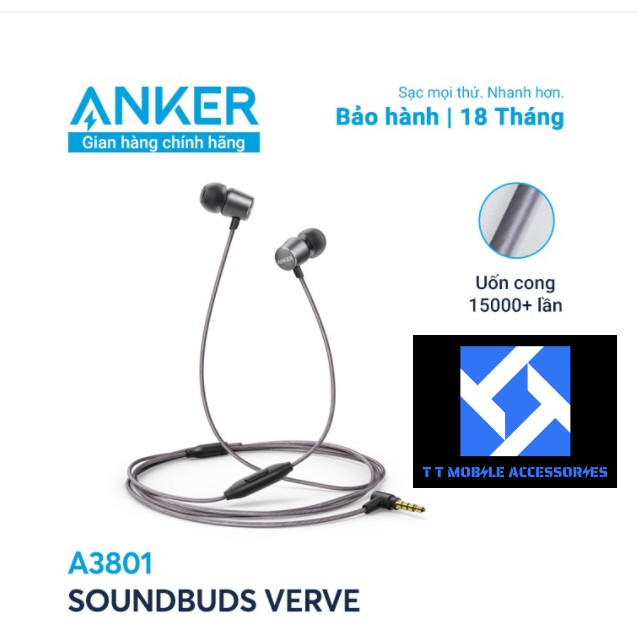 Tai nghe có dây kèm mic ANKER SoundBuds Verve - A3801, màu Đen Xám, Anker VIETNAM, mới 100%, B/hành 18 tháng, 1 đổi 1