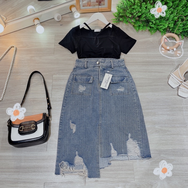 Ảnh Thật — Chân Váy Jean dài rách fom qua gối đủ size kèm ảnh thật shop chụp