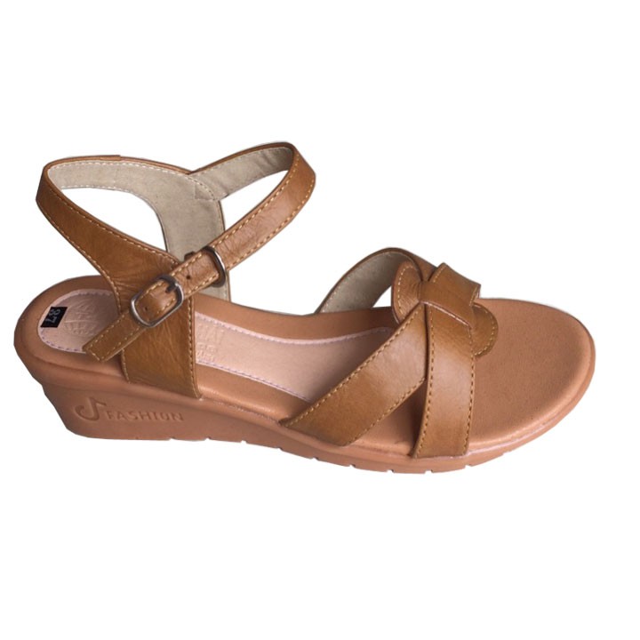 Xăng đan nữ đế bằng cao 5cm Trường Hải da bò thật  mềm mại Màu vàng đế Kếp mềm không trơn DX085