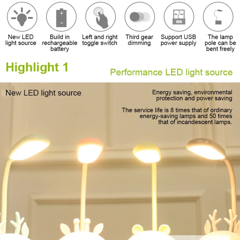 Đèn LED Để Bàn Hình Chú Hươu Hoạt Hình 3 Chế Độ Sáng Tạo/ Cổng Sạc USB