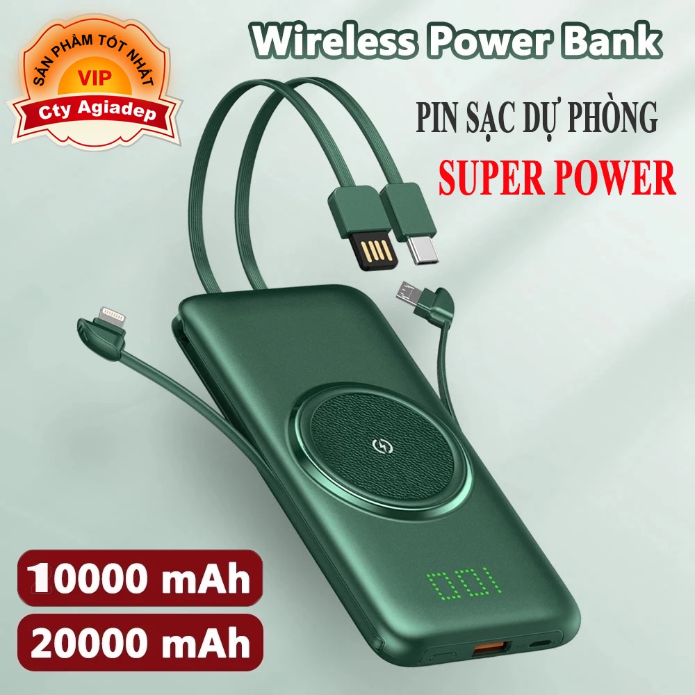 Pin sạc dự phòng AGD SuperPower 10000MAh - 20000MAh Không Dây Di Động Powerbank 4 Cáp cho mọi loại điện thoại