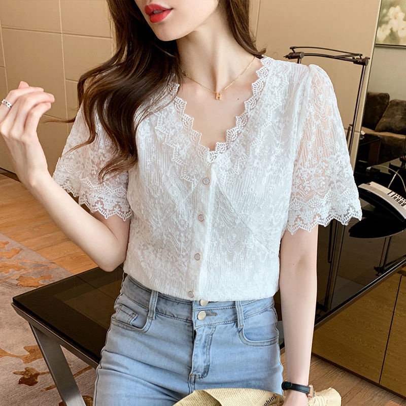 Áo Sơ Mi chiffon Ngắn Tay Phối Ren Cổ Chữ V Thiết Kế Mới Thời Trang Mùa Hè Cho Nữ