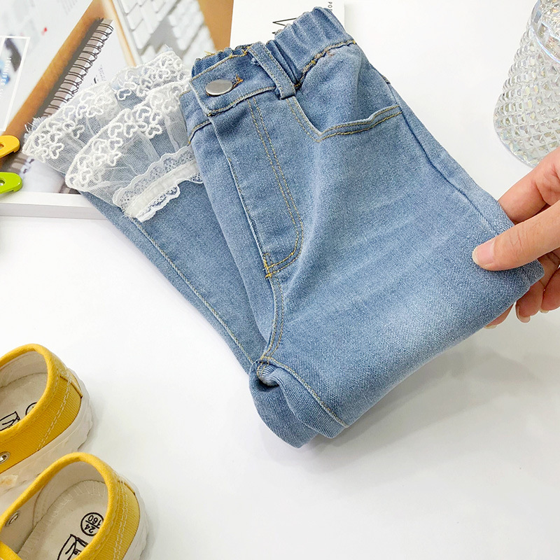 Quần Jean Denim Dài Phối Ren Thời Trang Chất Lượng Cao Cho Bé Gái