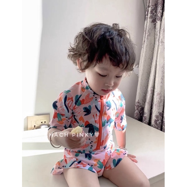 Đồ bơi một mảnh bé gái, áo tắm liền thân cho be màu hồng hoạ tiết nhiệt đới