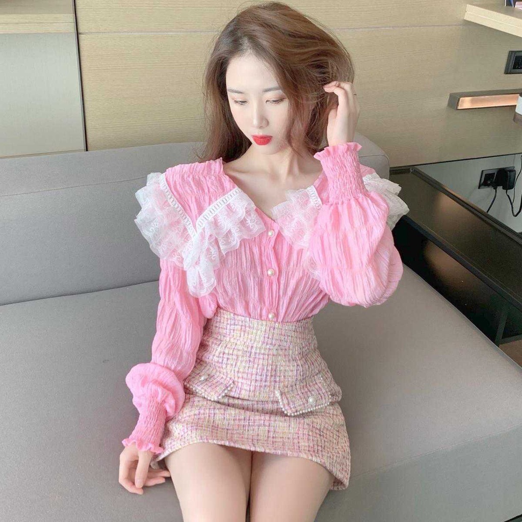 FXDAZI Áo sơ mi tay dài dáng rộng phối ren kiểu dáng mùa thu phương Tây mới cho nữ