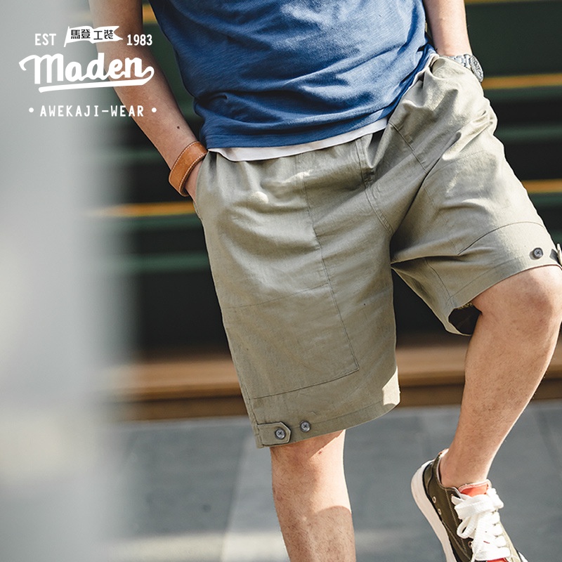 Quần short Maden cotton linen ống rộng lưng thun có dây rút co giãn phong cách mùa hè Nhật Bản 2022 cổ điển cho nam