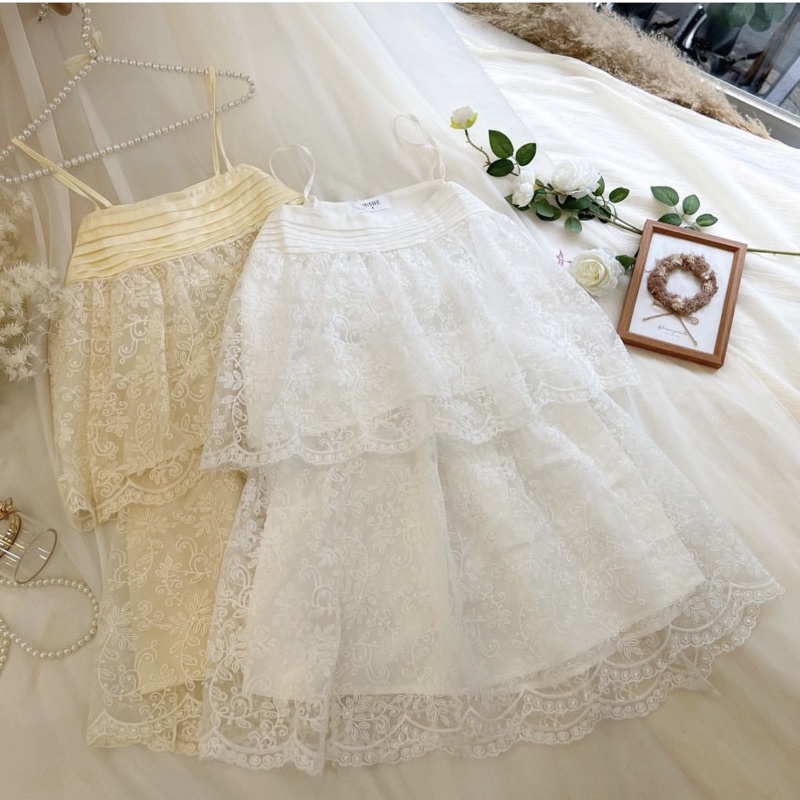 SET REN TƠ ÁO 2 DÂY KÈM CHÂN VÁY