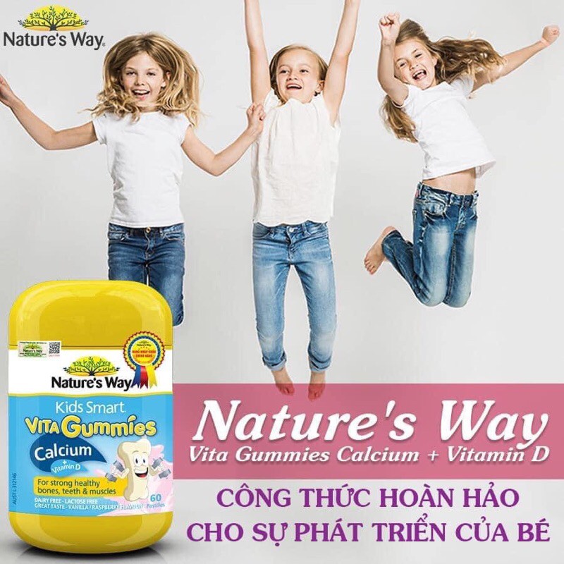 [CHÍNH HÃNG] Kẹo Dẻo Nature’s Way Kids Smart Vita Gummies Calcium + Vitamin D Giúp Bé Cao Lớn