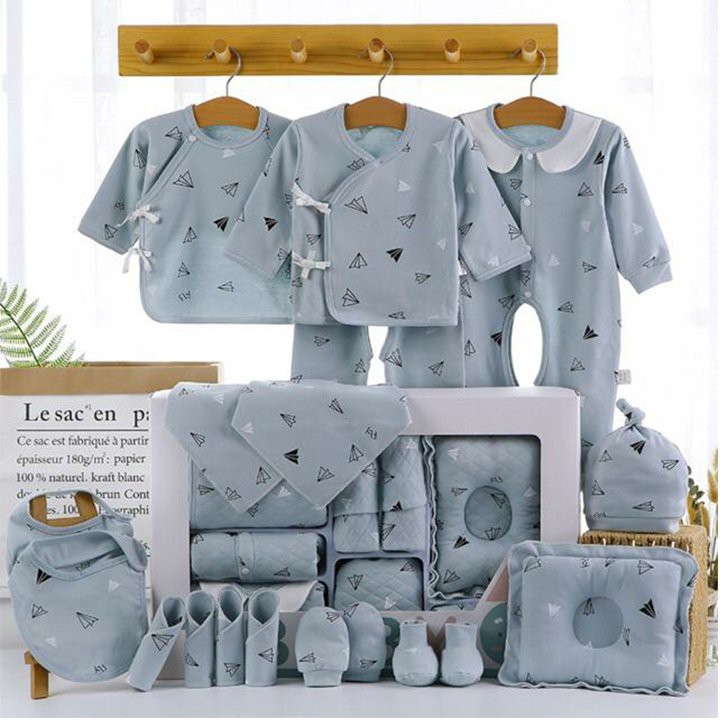Set Đồ Sơ Sinh Quà Tặng Cho Bé 18-22 Chi Tiết Coton Có Hộp - Xanh, Hồng