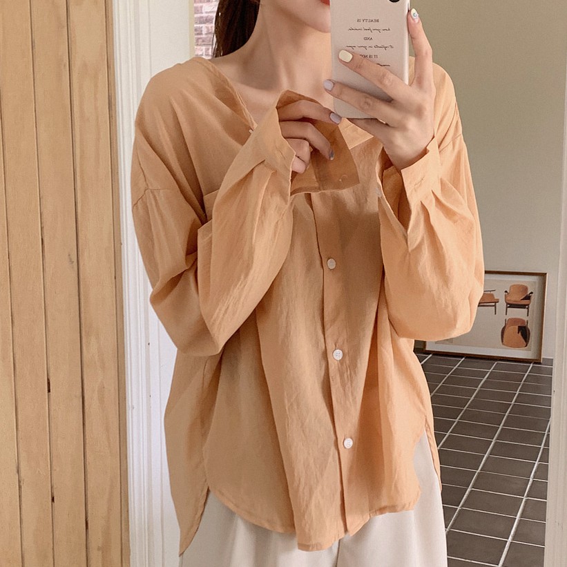 Áo Sơ Mi Cổ V Tay Phồng Màu Cam 35528