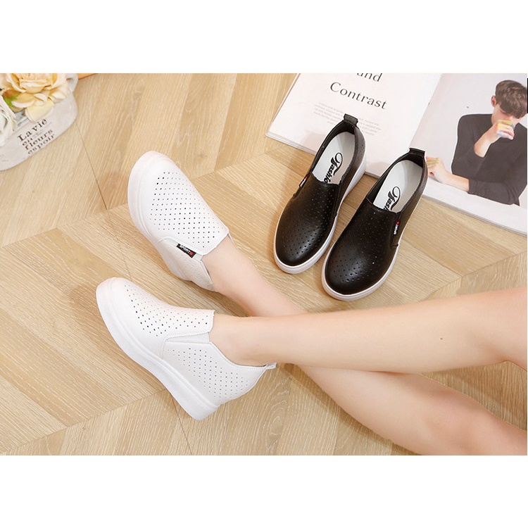 [CHẤT LƯỢNG_CÓ TRỢ SHIP] Giày độn đế nữ, giày slip on nữ độn đế da trơn cao 6cm, êm chân, Hàng Quảng Châu S065