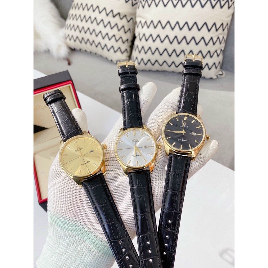 Đồng hồ nam Omega mặt tròn dây da chạy kim trôi dây da cao cấp BH Chính Hãng