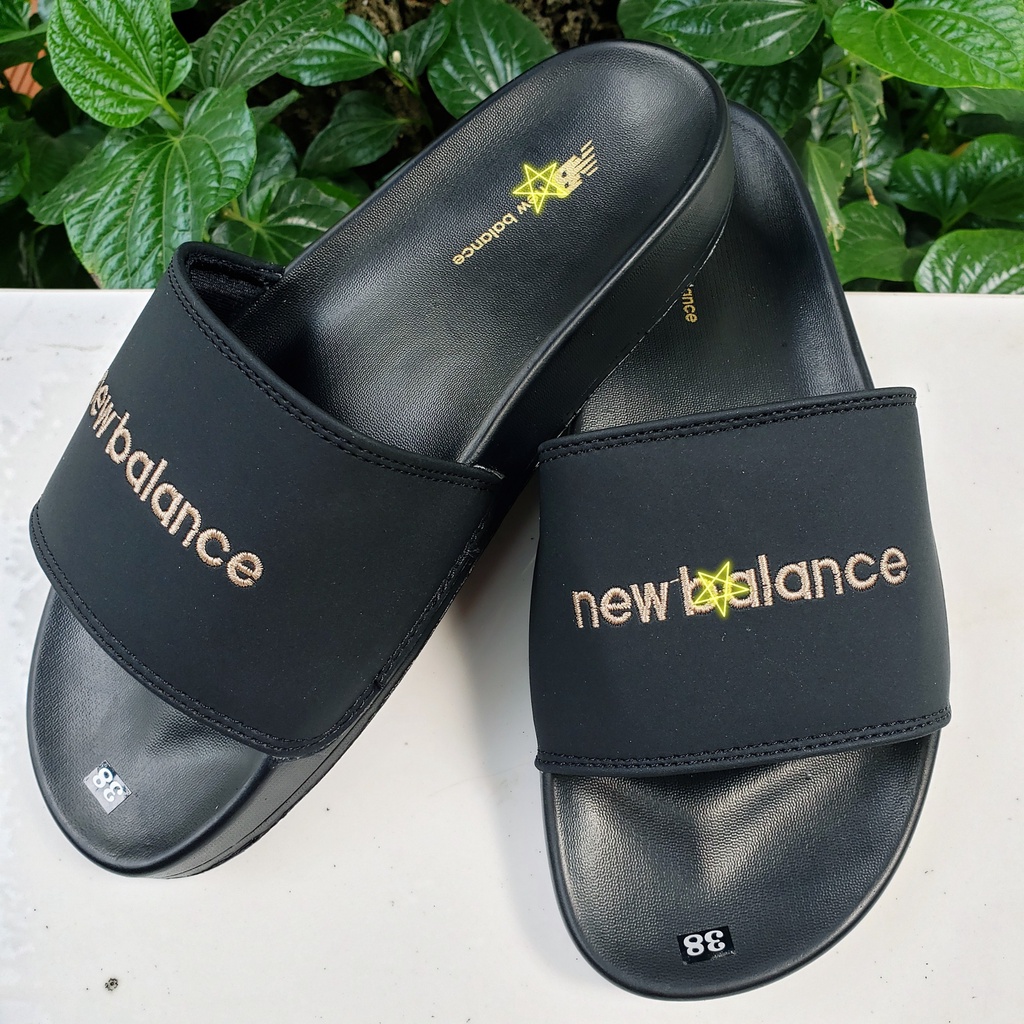 Dép unisex 𝐌𝐋𝐁  new balancee màu đen chữ thêu  êm chân chắc chắn tặng hộp bảo vệ