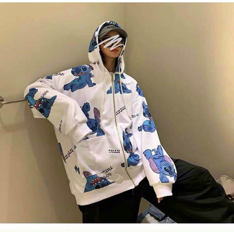 Áo khoác nỉ in hoạ tiết unisex nam nữ form rộng có dây kéo thời trang thu đông