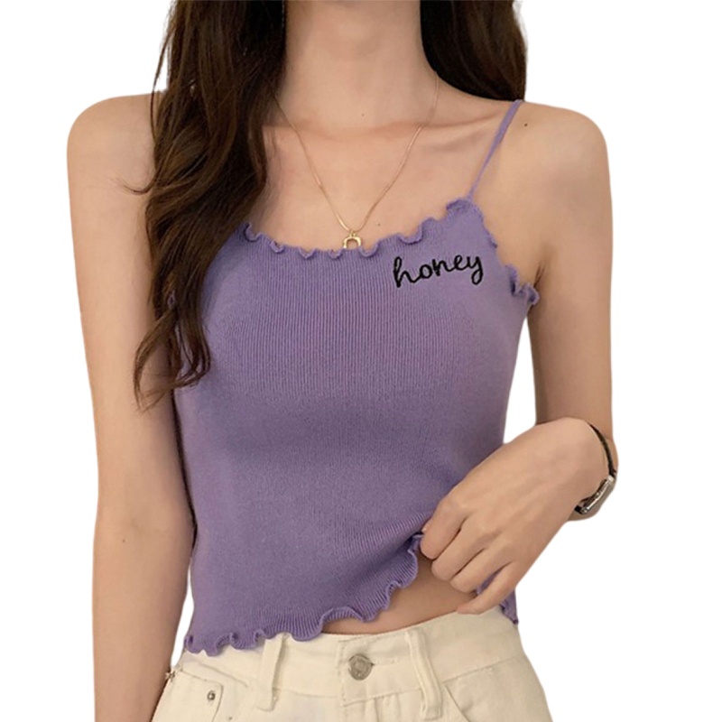 Xiangbao Áo Croptop Dệt Kim Hai Dây Ôm Dáng Thêu Chữ Phong Cách Pháp Mùa Hè Cho Nữ