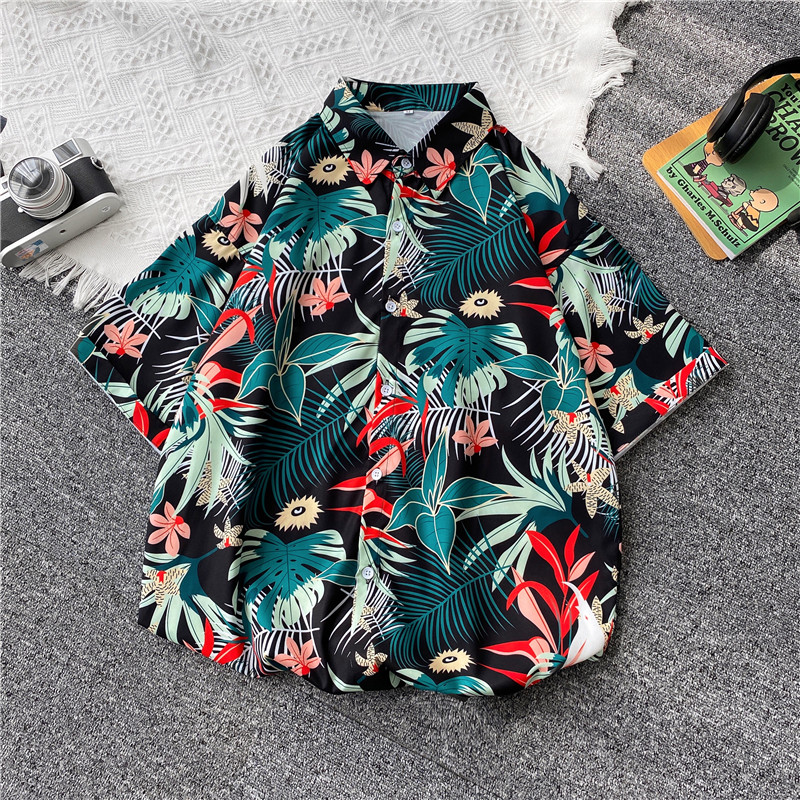 Áo sơ mi ngắn tay dáng rộng in hoa phong cách Hawaii Hàn Quốc mới cho nam