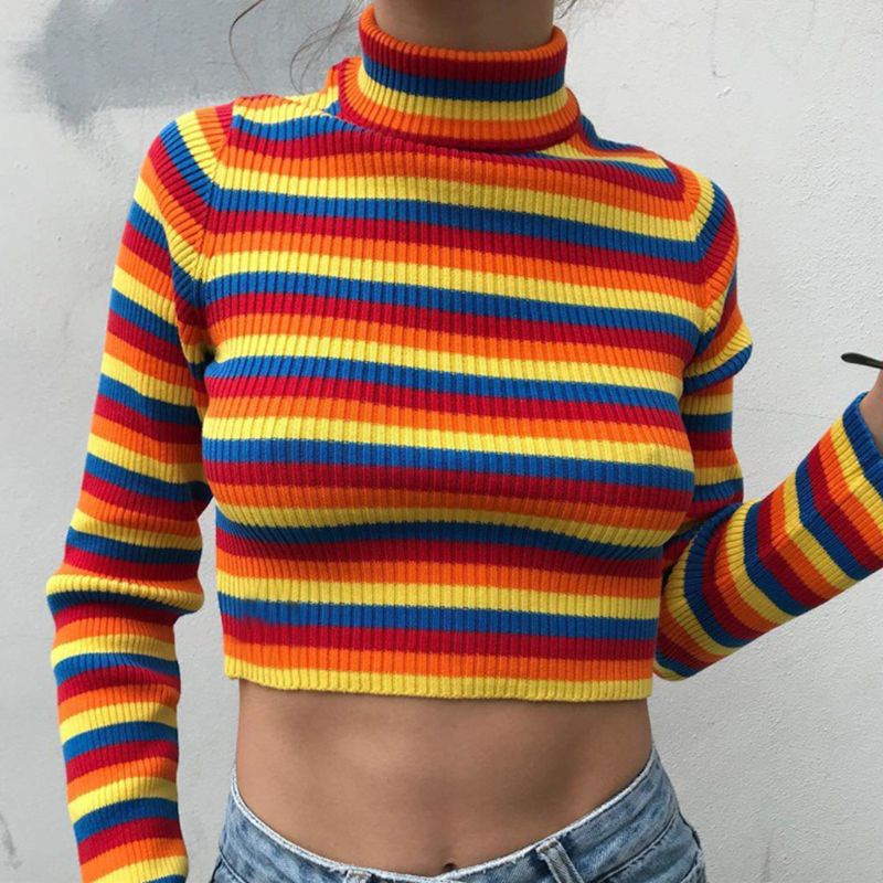 Áo Sweater Cổ Lọ Tay Dài Kẻ Sọc Cầu Vồng Thời Trang Mùa Thu Cho Nữ