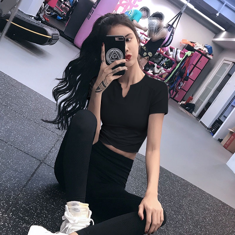 ☌℗Mùa hè mới thoáng khí rốn thể thao áo thun ngắn tay bó sát nhanh khô là quần áo yoga mỏng chạy thể dục hàng đầu phụ nữ