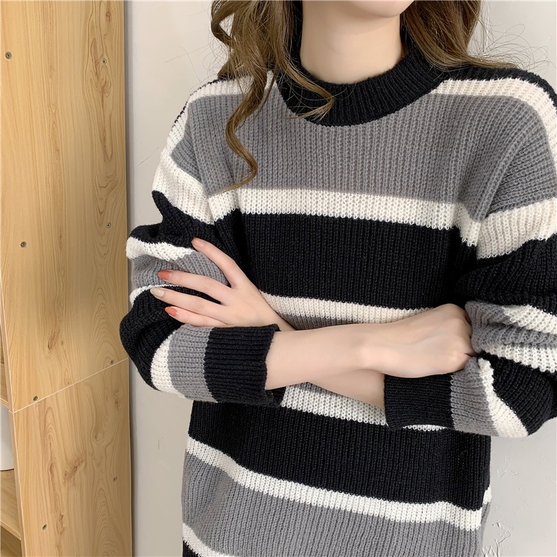 Áo sweater tay dài cổ tròn thiết kế thời trang sọc kiểu Hàn Quốc cho nữ