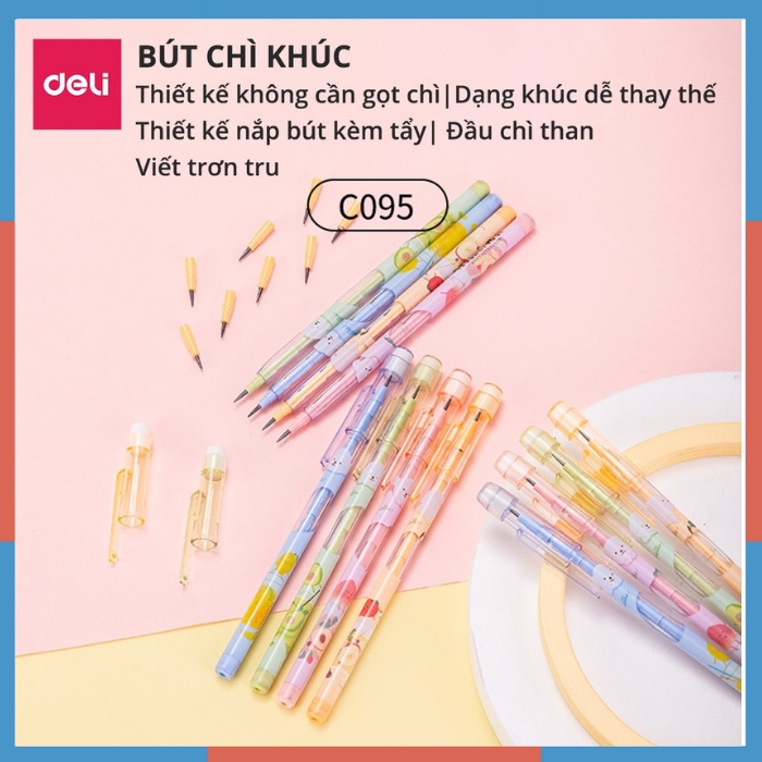 Bút chì khúc học sinh HB Deli kèm đầu tẩy màu ngẫu nhiên có thể thay thế ngòi, an toàn cho trẻ em khi sử dụng CC095