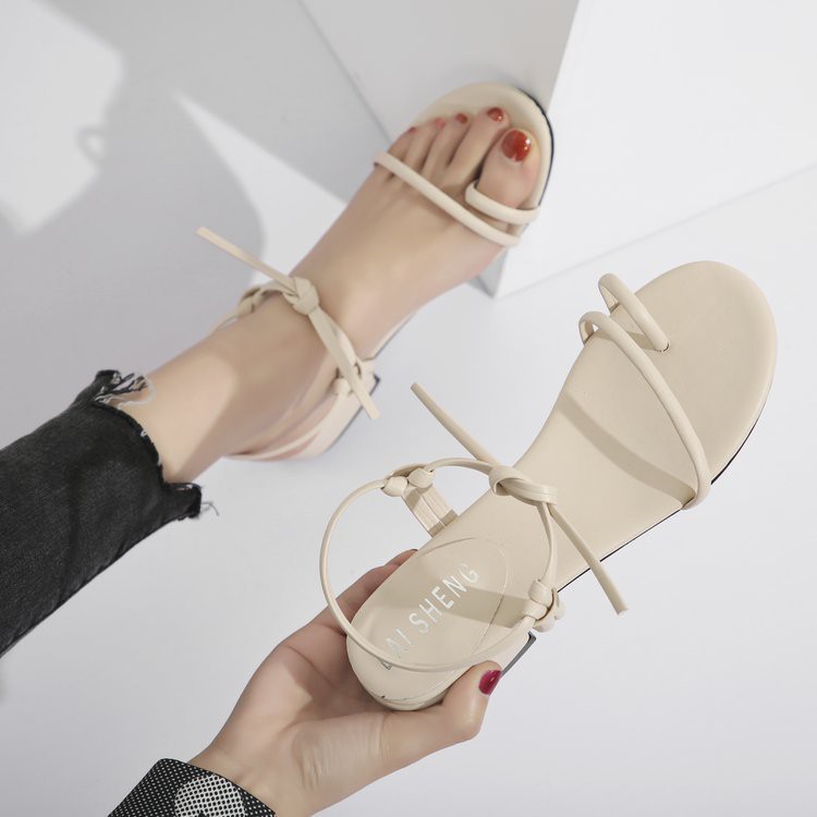 Giày Sandal xỏ ngón quai dây da mềm tự buộc 3cm phong cách Hàn Quốc - SD09