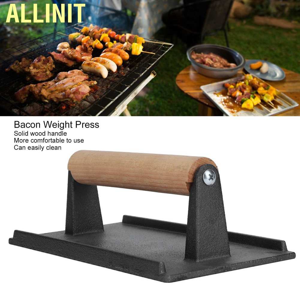 Allinit Cast Iron Grill Press Steak Bacon Weight Barbecue Griddle with Wood Handle