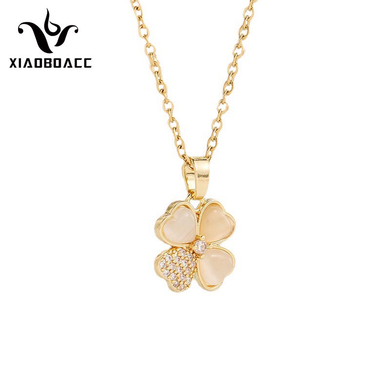 XiaoboACC Vòng Cổ Bằng Thép Titan Mạ Vàng 18k Mặt Hình Cỏ 4 Lá Thời Trang Cho Nữ Dài - 38CM+6CM