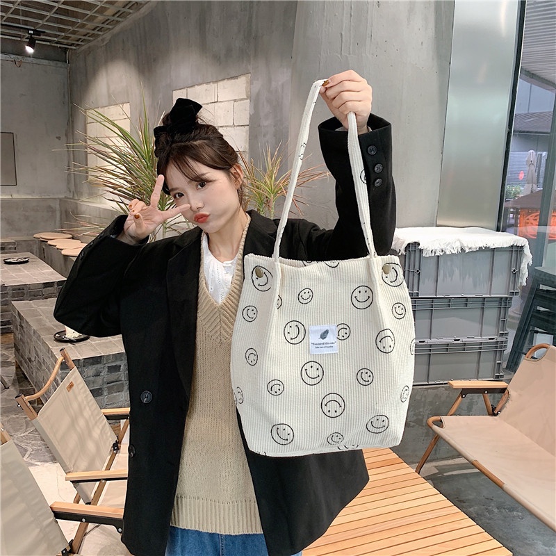 Túi Tote Vải Nhung Gân Tăm Mặt Cười 2 Lớp Kiểu Hàn