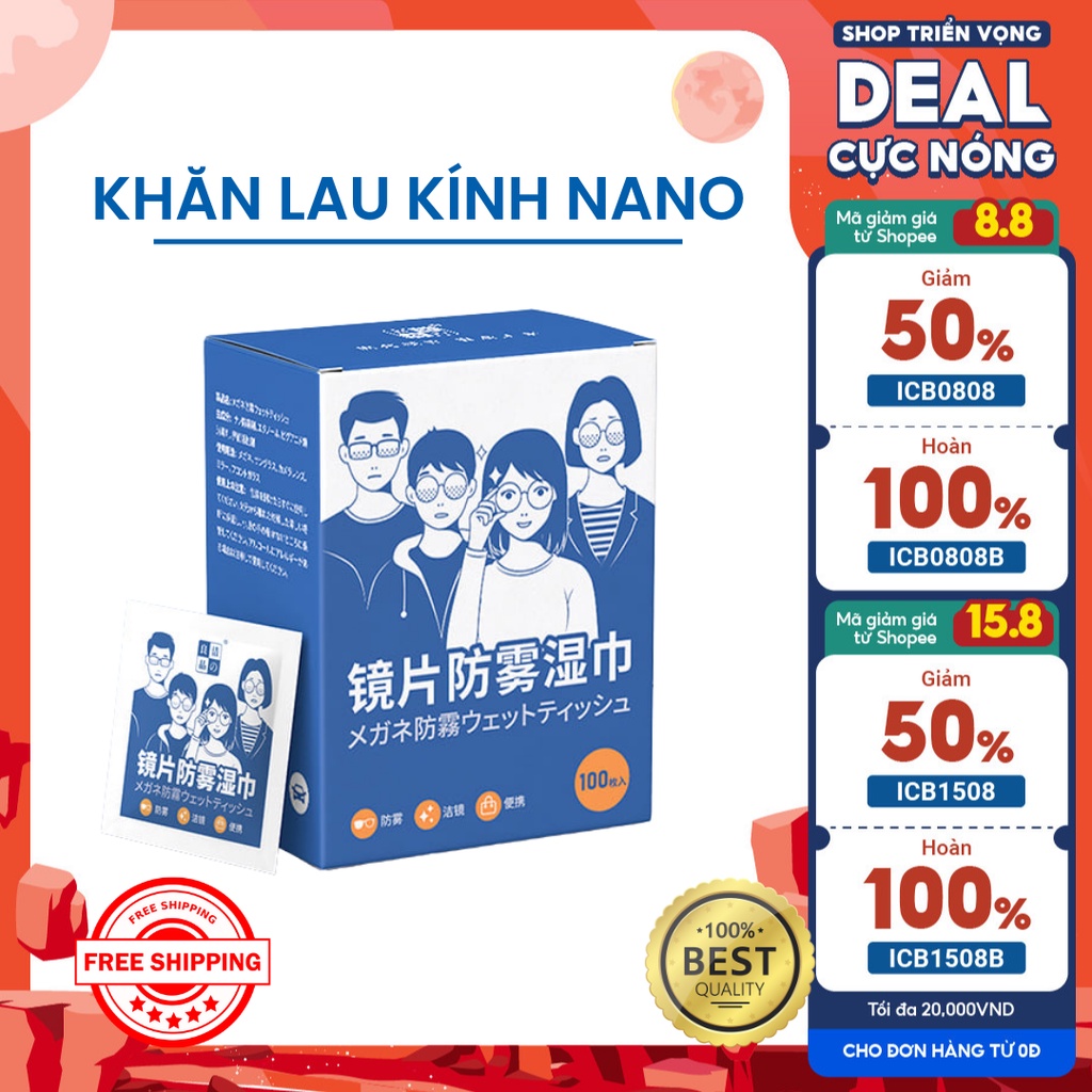 Khăn lau kính Nano hộp 100 miếng khăn chống bám hơi nước, lau sạch nhờn vân tay bụi bẩn trên mắt kính.
