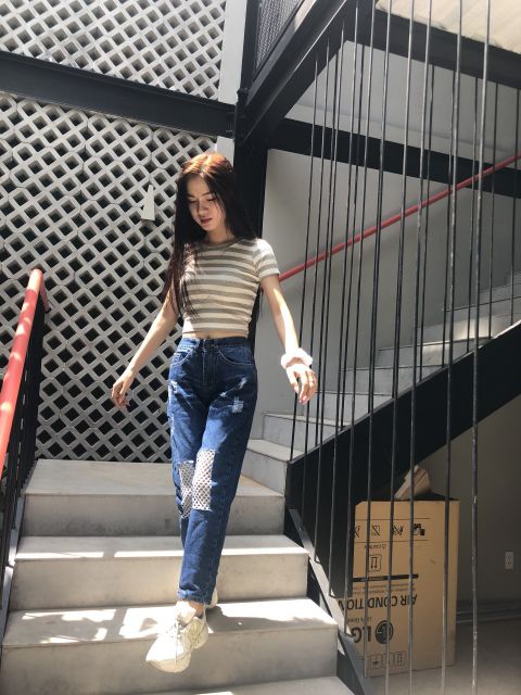 Quần baggy jeans rách gối vá lưới tomboy bụi bặm