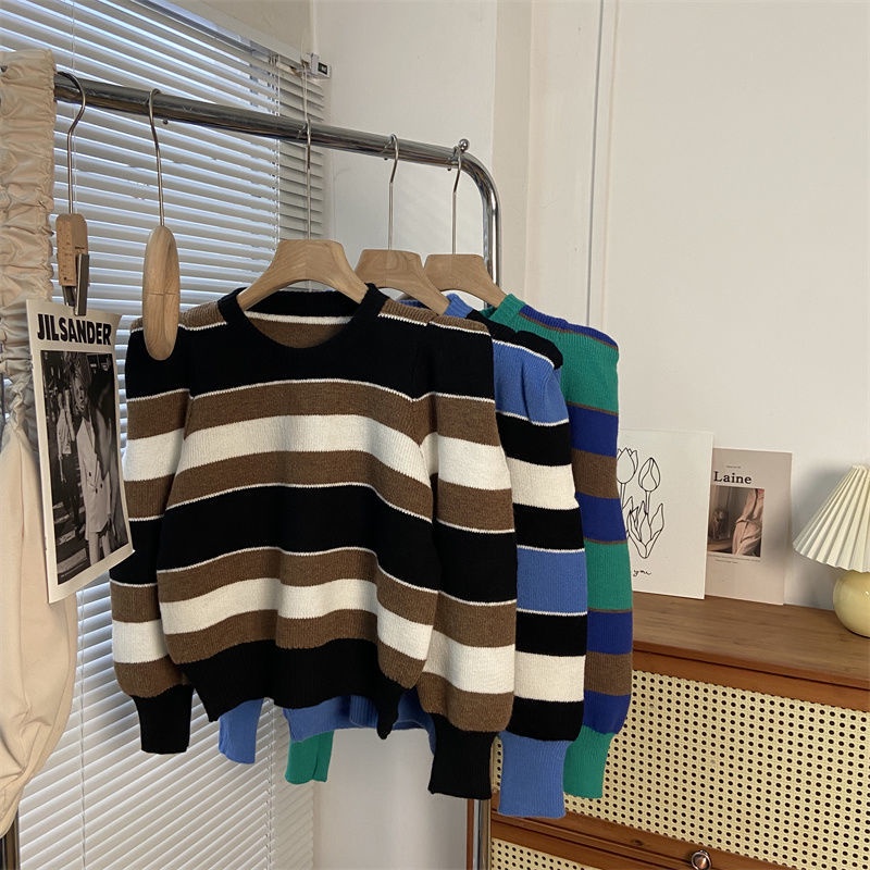 Áo Sweater Dệt Kim Tay Dài Ôm Dáng Họa Tiết Kẻ Sọc Màu Sắc Tương Phản Thời Trang Thu Đông Hàn Quốc Chất Lượng Cao