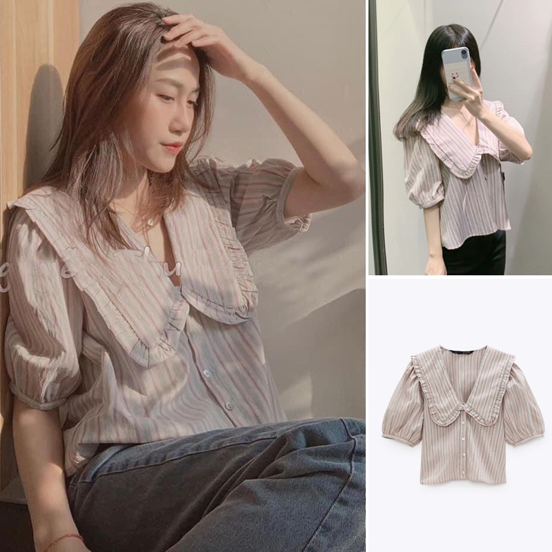 ÁO CỔ CÁNH SEN ZRA NỮ HỌA TIẾT KẺ SỌC