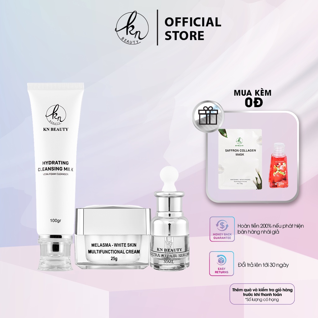 Combo 3 bước Ngừa Nám Trắng Da KN Beauty Kem dưỡng + Serum + Sữa rửa mặt tặng mặt nạ safron + gel rửa tay