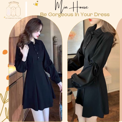 Váy đen cổ sơ mi tay dài-Hàng chuẩn xinh-Freeship-đầm đen nữ dáng xòe công sở