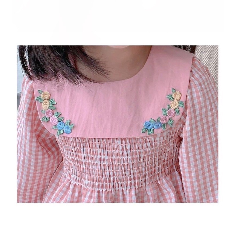 Set áo sơ mi caro dài tay thêu hoa cổ & quần nhiều màu cho bé gái  N00921