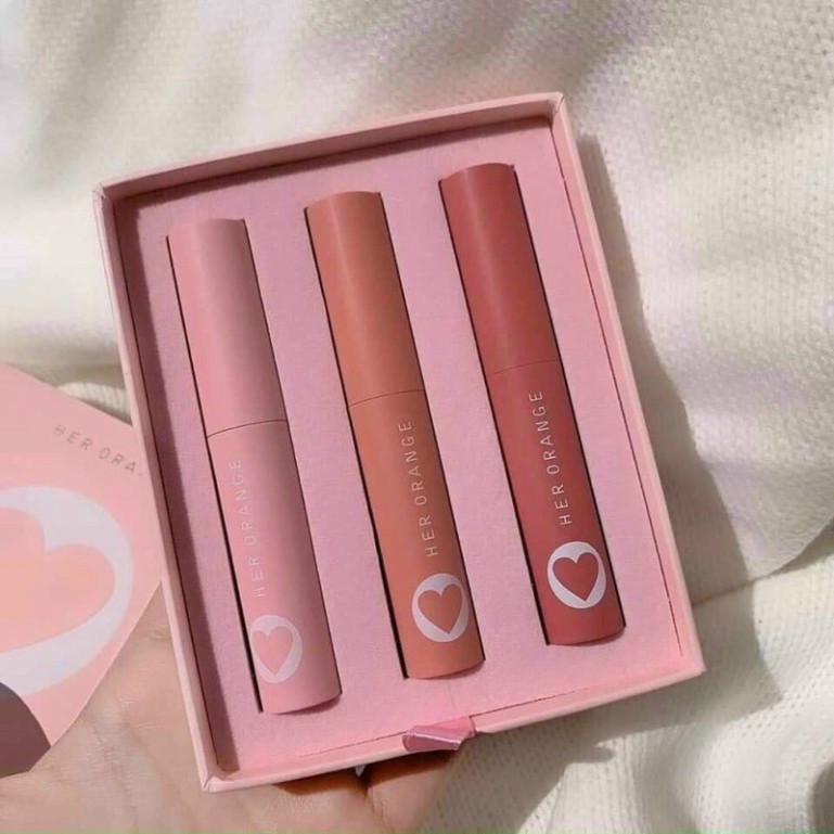 [Concung]  {sẵn hàng}𝙎𝙚𝙩 𝙨𝙤𝙣 𝙃𝙀𝙍 𝙊𝙍𝘼𝙉𝙂𝙀 trái tim 3c x slim lip gloss kit