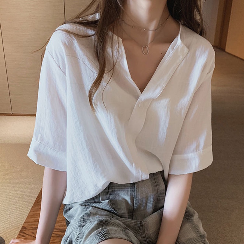 Áo Sơ Mi Trơn Ngắn Tay 153145 Áo Sơ Mi Cổ Chữ V Dáng Rộng Thiết Kế Giản Dị Phong Cách Hàn Quốc Thời Trang