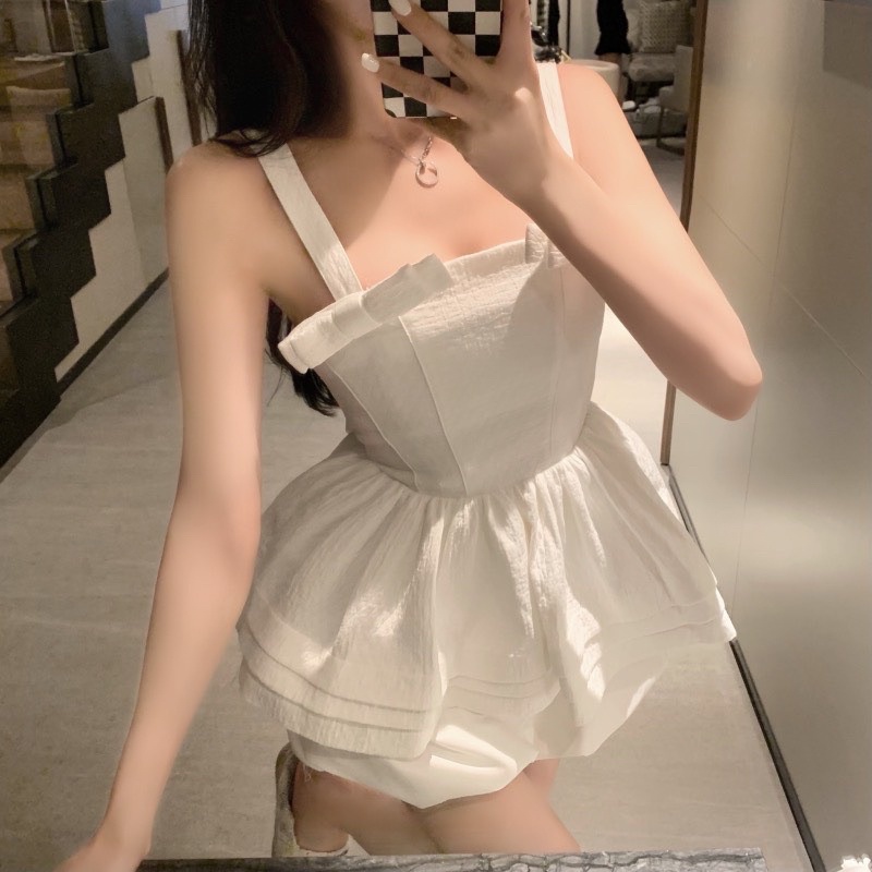 SET 2S TRẮNG PHỒNG XOÈ ĐÍNH NƠ VAI + SHORT