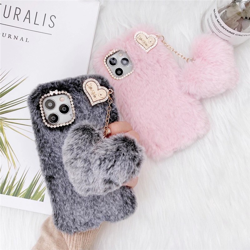 Ốp Điện Thoại Phối Lông Thỏ Hình Trái Tim Cho iPhone 14 13 12promax 12Pro 12mini 12 11 Pro MAX XR X XS MAX 7 8 6 6s Plus