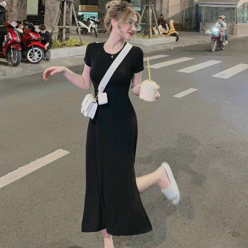 Váy đầm nữ dáng suông tay ngắn cổ tròn xẻ tà xinh xắn dễ thương