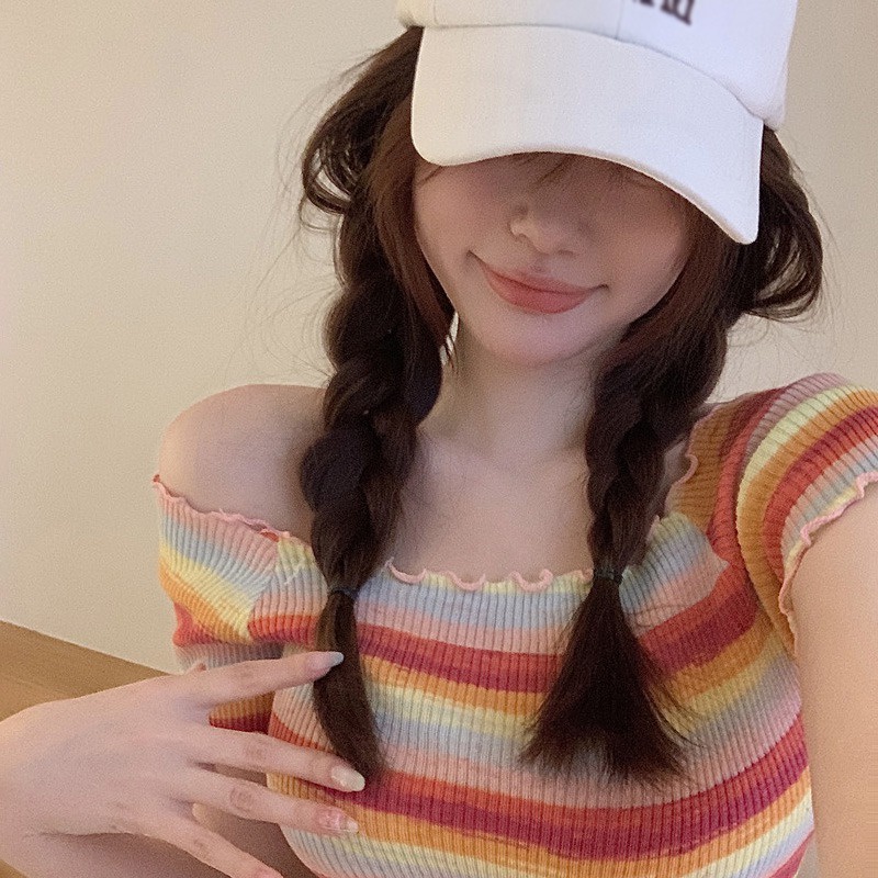 Áo Croptop Dệt Kim Trễ Vai Tay Ngắn Họa Tiết Kẻ Sọc Nhiều Màu Sắc Thời Trang Mùa Hè Phong Cách Hàn Quốc Cho Nữ