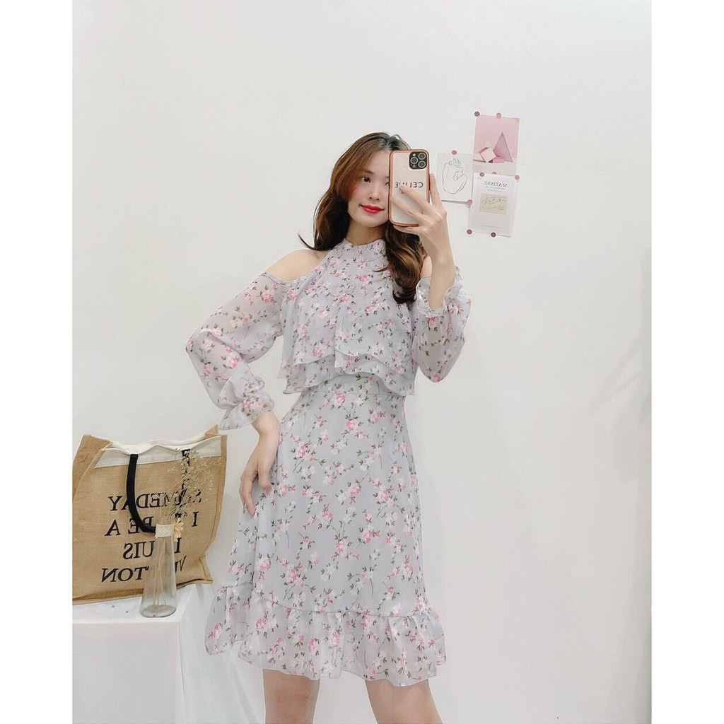 ĐẦM VOAN TÍM HỞ VAI BÈO CỔ TAY DÀI CÓ DÂY CỘT EO PHÍA SAU DÁNG XÒE-hình thật shop chụp | BigBuy360 - bigbuy360.vn