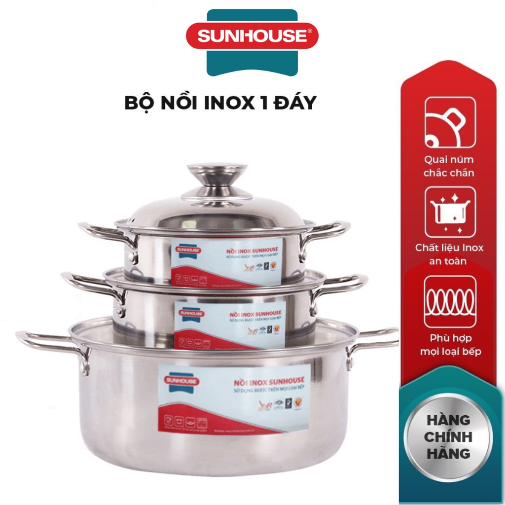 BỘ 3 NỒI INOX 1 ĐÁY SUNHOUSE SH224 – DÙNG ĐƯỢC CHO BẾP TỪ