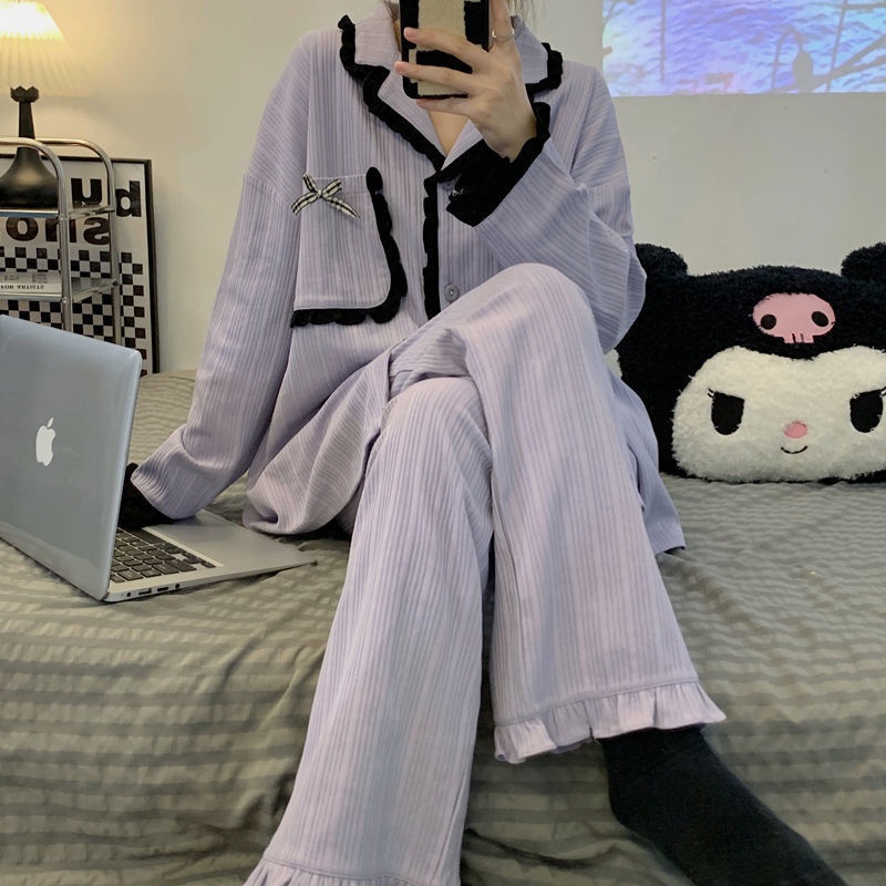 Bộ Đồ Ngủ Tay Dài Phối Bèo Màu Sắc Đơn Giản Thời Trang Xuân Thu Xinh Xắn Cho Nữ