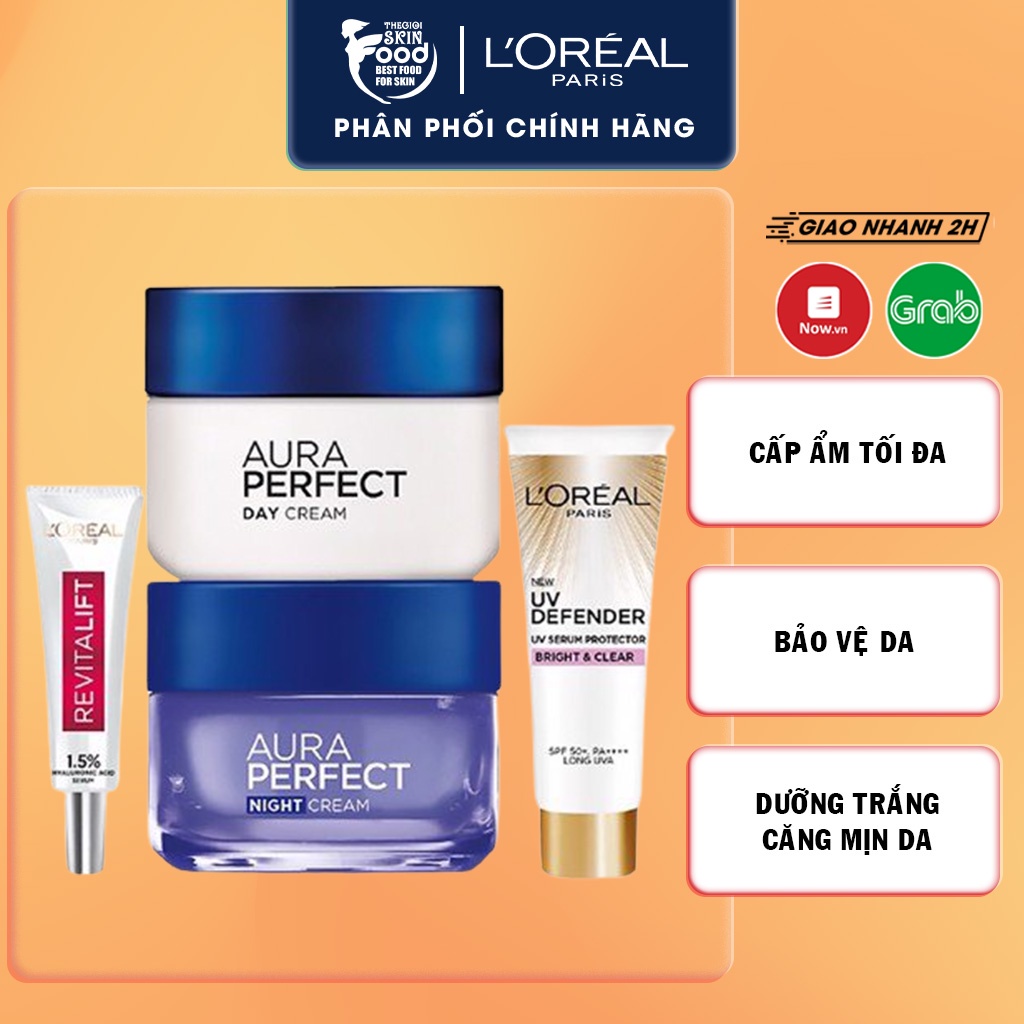 Combo L'oreal: Bộ kem dưỡng sáng da + kem chống nắng + dưỡng chất căng mướt da L'Oreal Paris