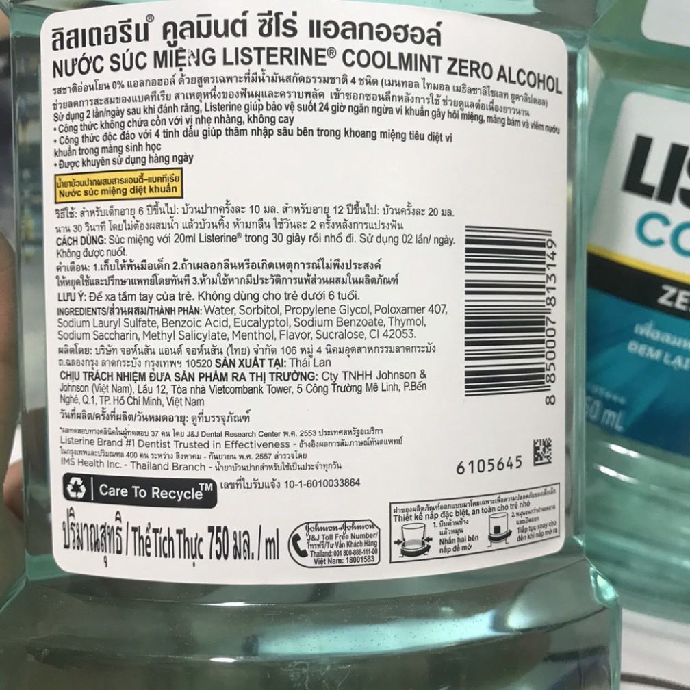 Nước súc miệng Listerine Cool Mint Zero 750ML giúp hơi thở thơm mát, nước súc miệng hương bạc không cay