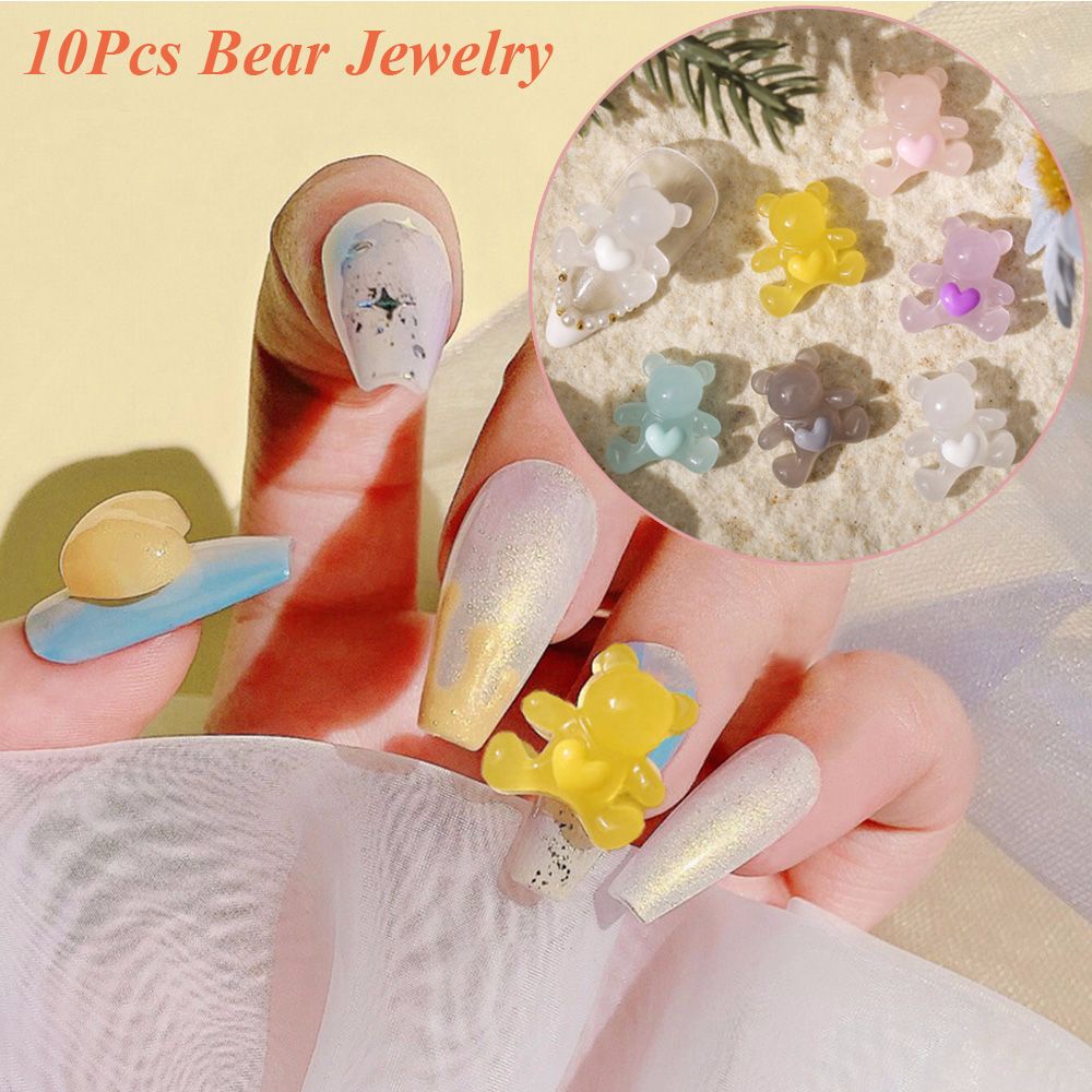 [Hàng mới về] 10 Phụ kiện trang trí móng tay hình gấu trái tim bằng nhựa trong suốt màu kẹo dễ thương DIY